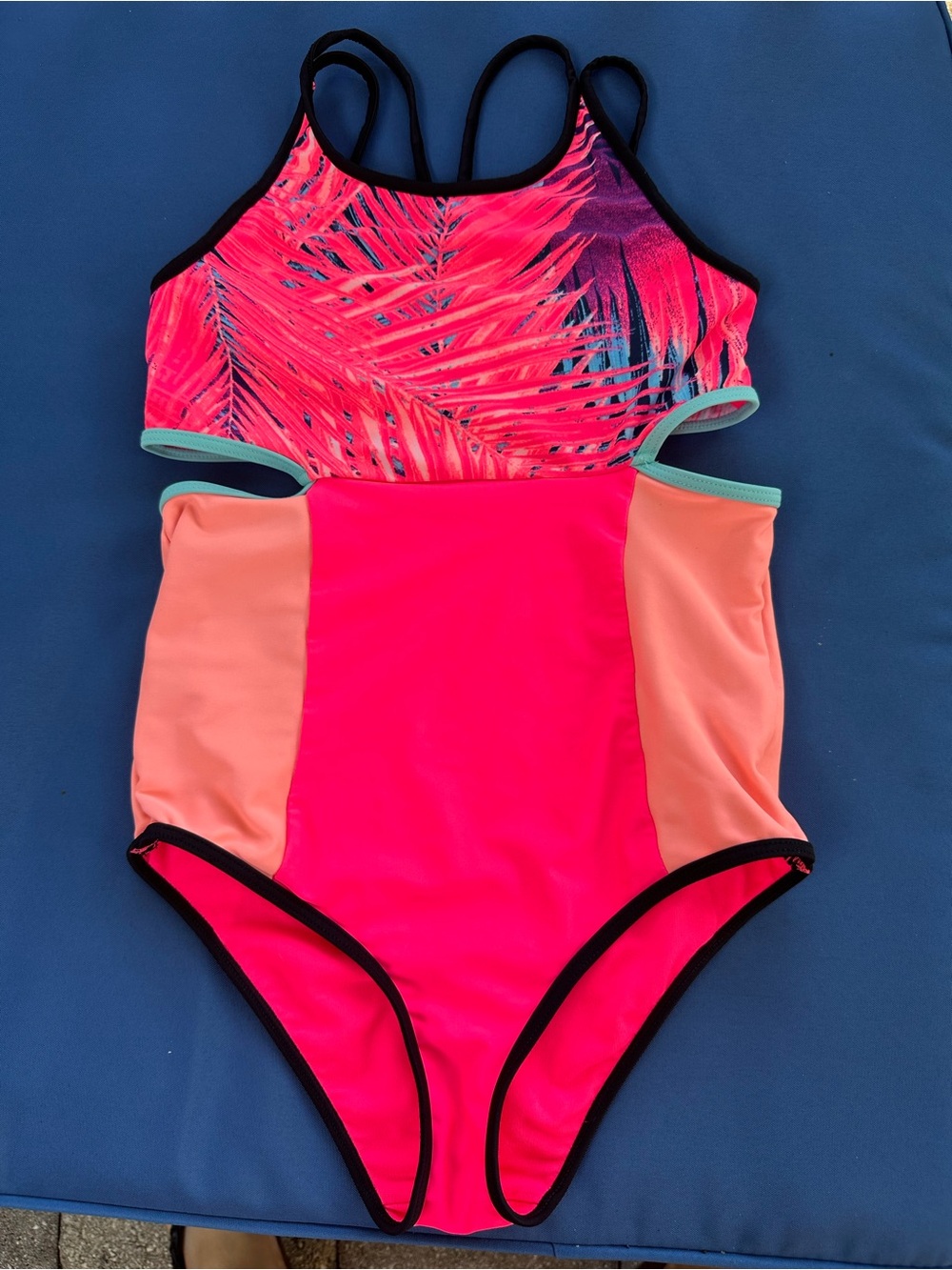 Ideology Girls' Neon Pink Tropical One-Piece Swimsuit Size Large
